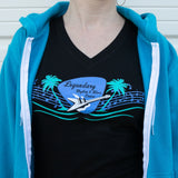 model wearing black ladies t-shirt featuring oceanic version of the rhythm and blues cruise logo 