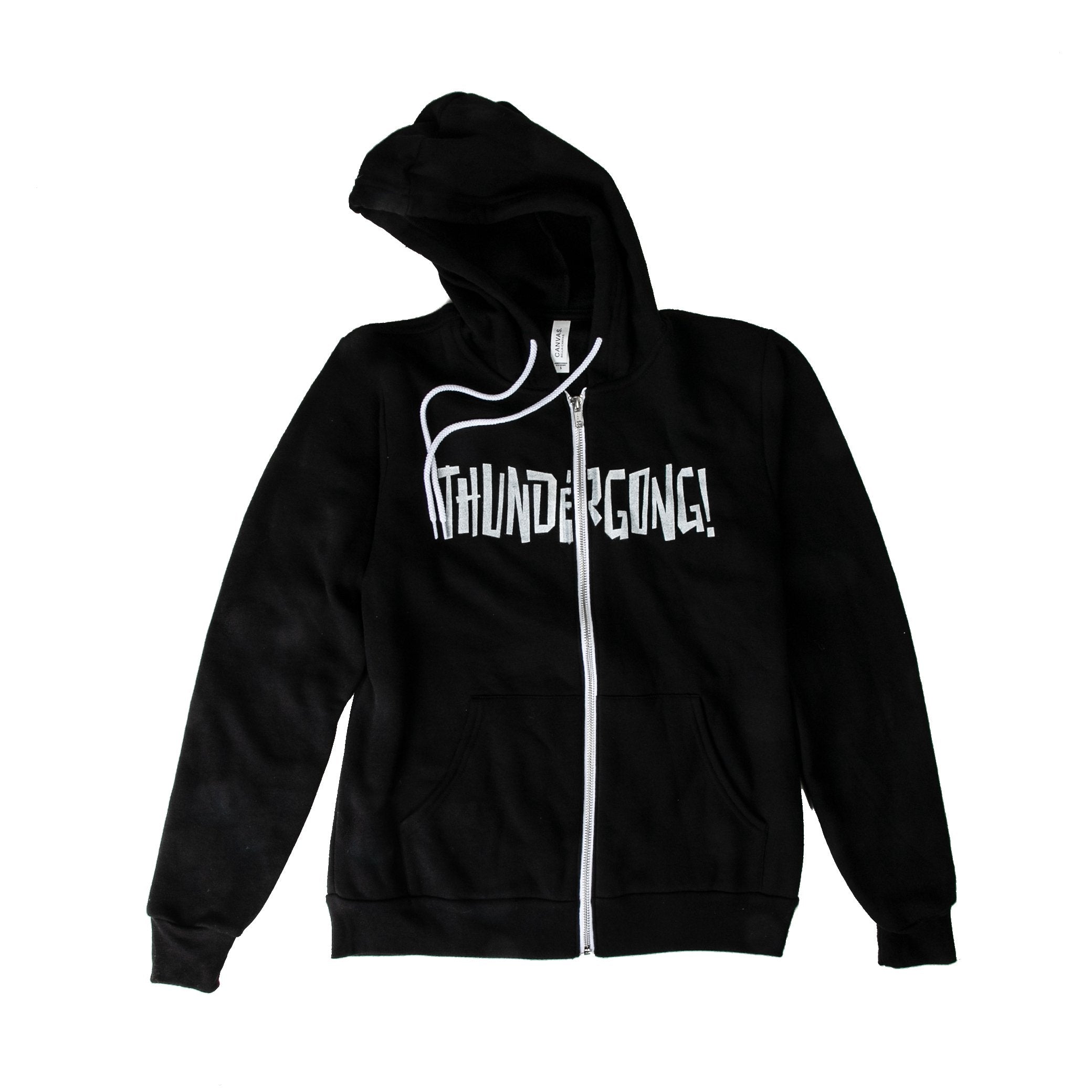 black hoodie with white thundergong! logo printed across the zipper