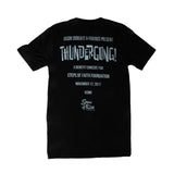 thundergong! event information printed on the back of a black tshirt