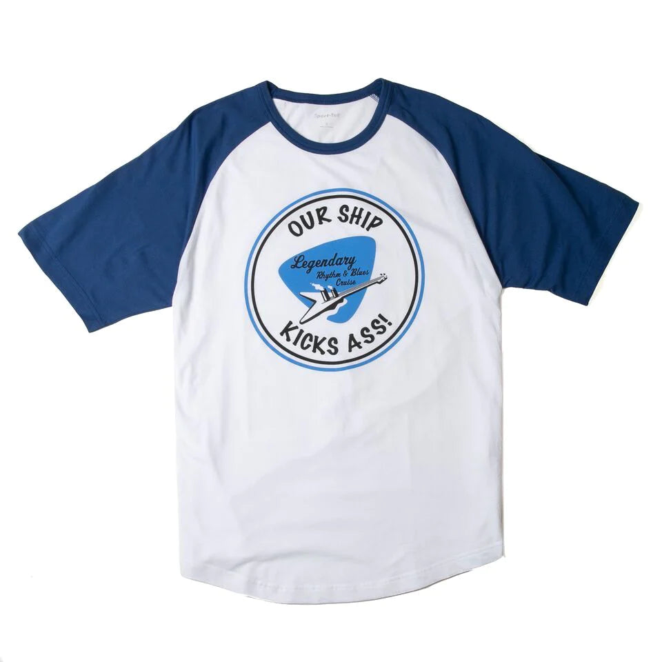 blue and white raglan with rhythm and blues cruise logo